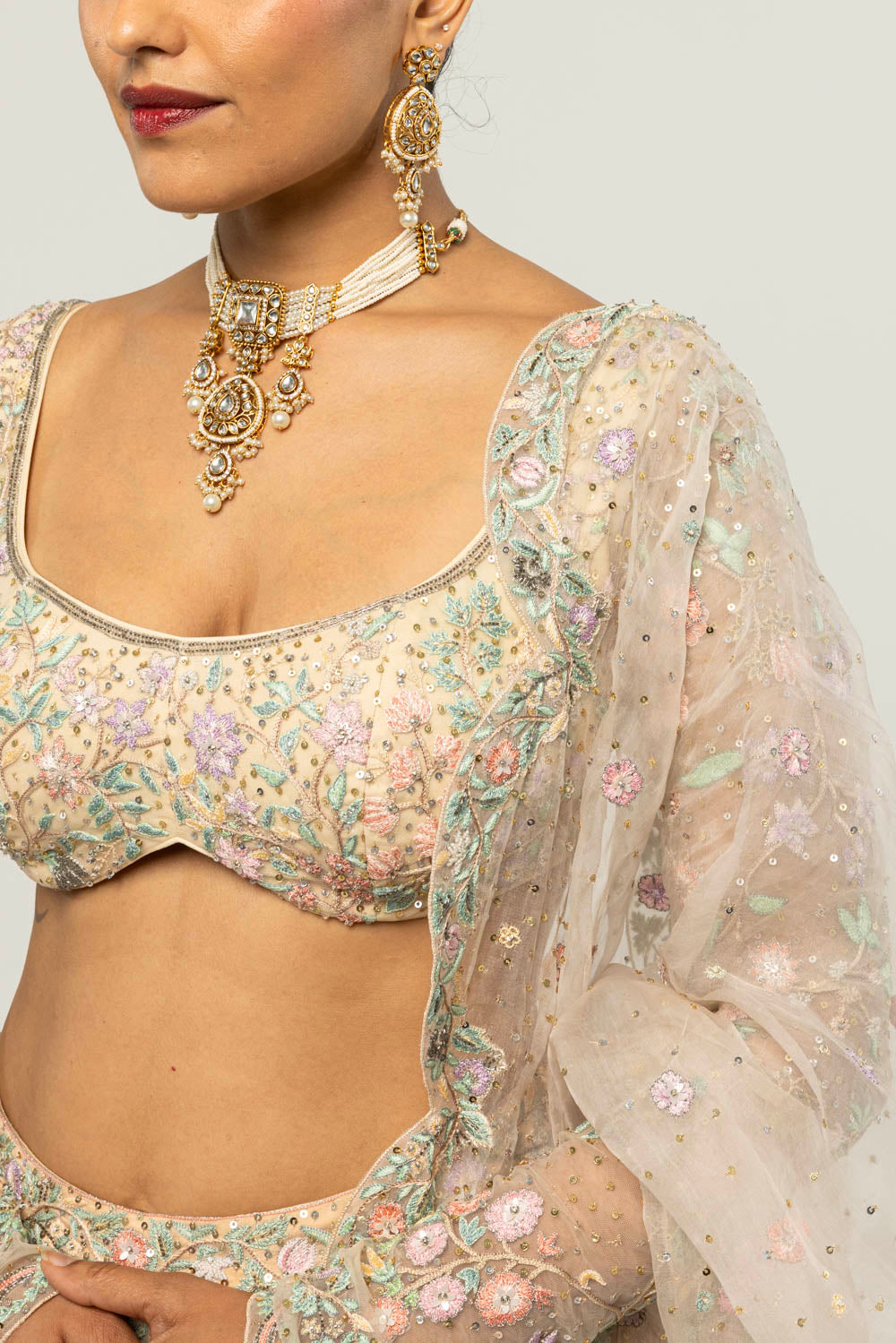 Chintz Hand-Embroidered Lehenga Set in Beige