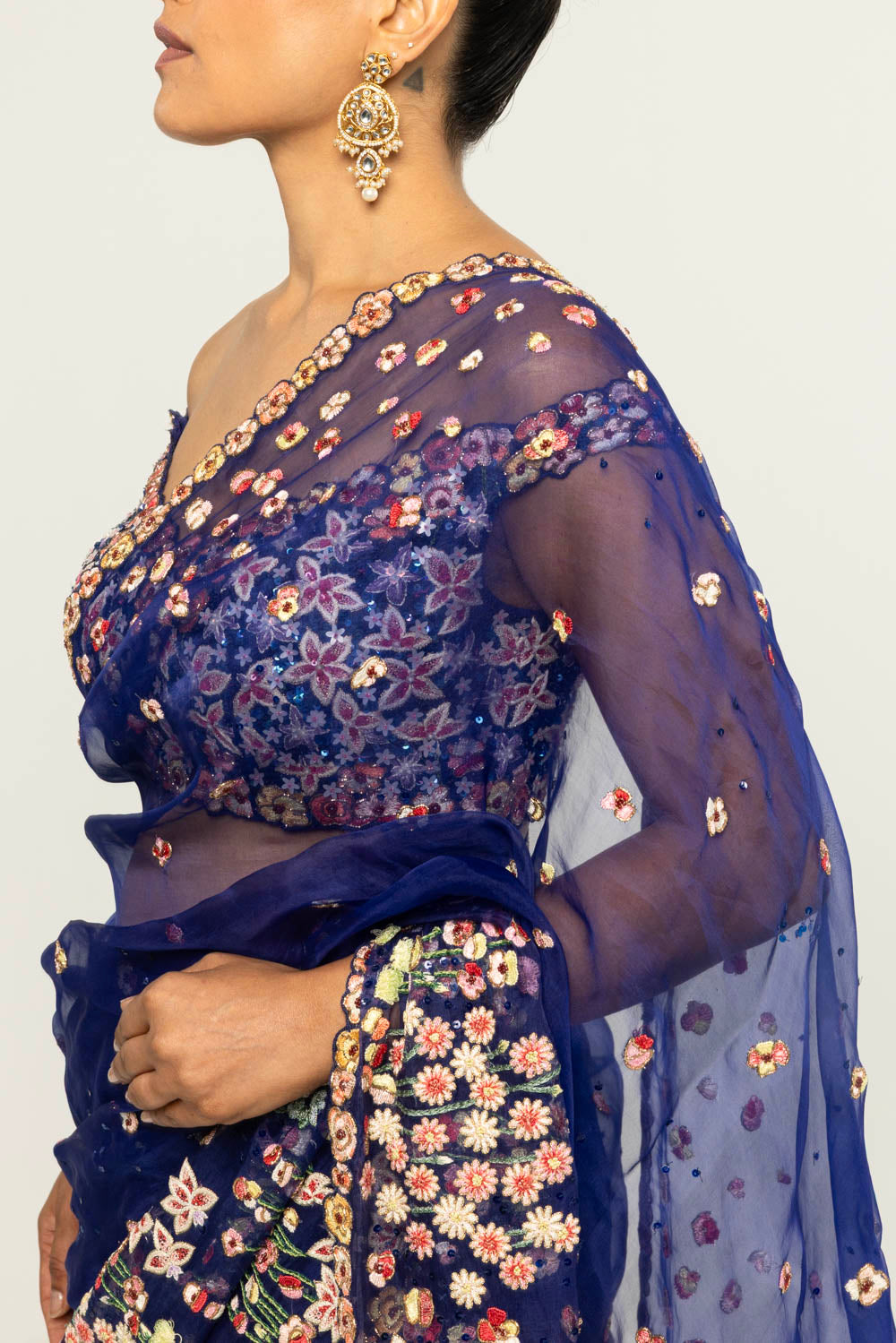 Verdure Hand-Embroidered Saree Set in Ink Blue