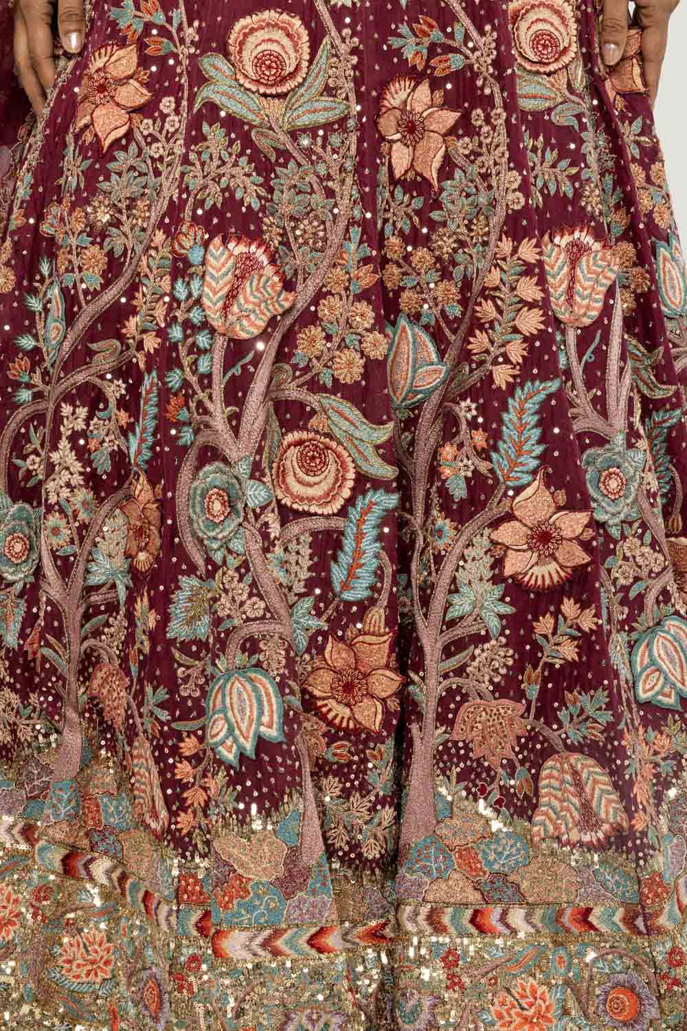 Chintz Hand-Embroidered Lehenga Set in Burgundy