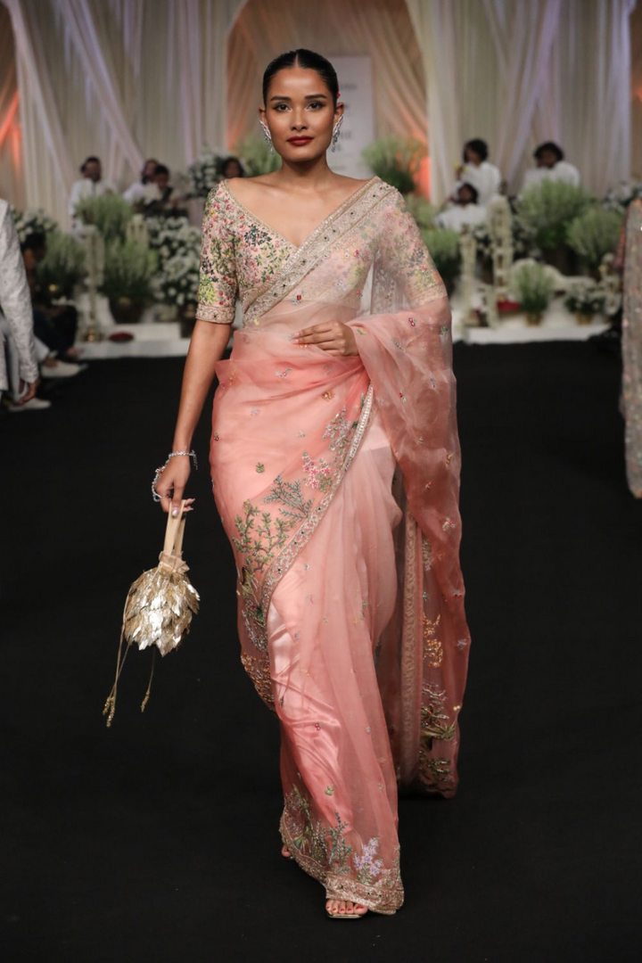 Jharokha Silk Organza Saree with Jharokha Silk Georgette Blouse in Pink Ombre