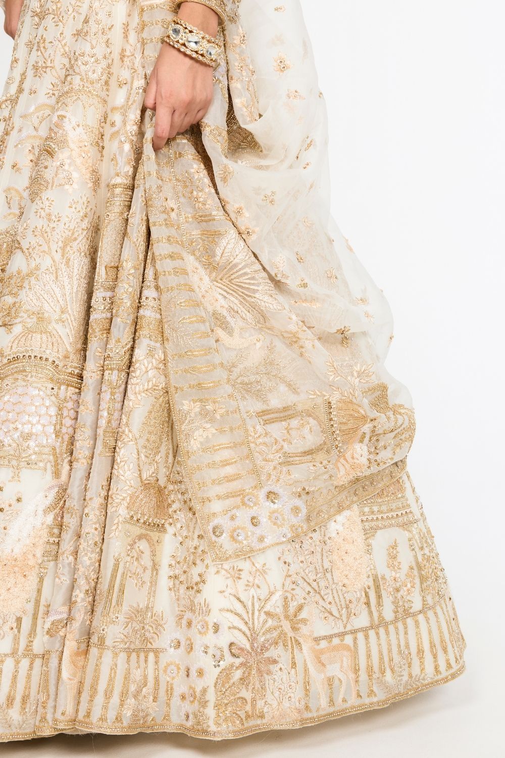 Jharokha Hand-Embroidered Lehenga Set with Blouse, Dupatta and Veil in Ivory