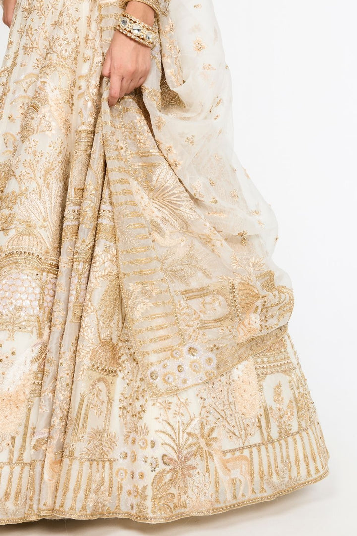 Jharokha Hand-Embroidered Lehenga Set with Blouse, Dupatta and Veil in Ivory