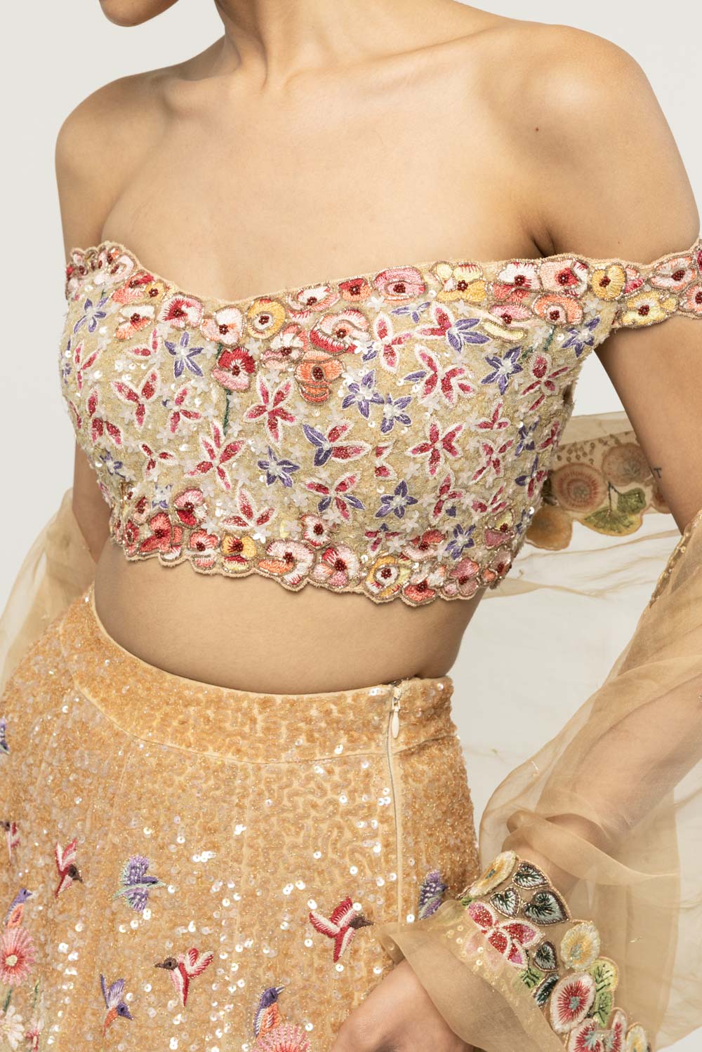 Verdure Hand-Embroidered Lehenga Set in Nude