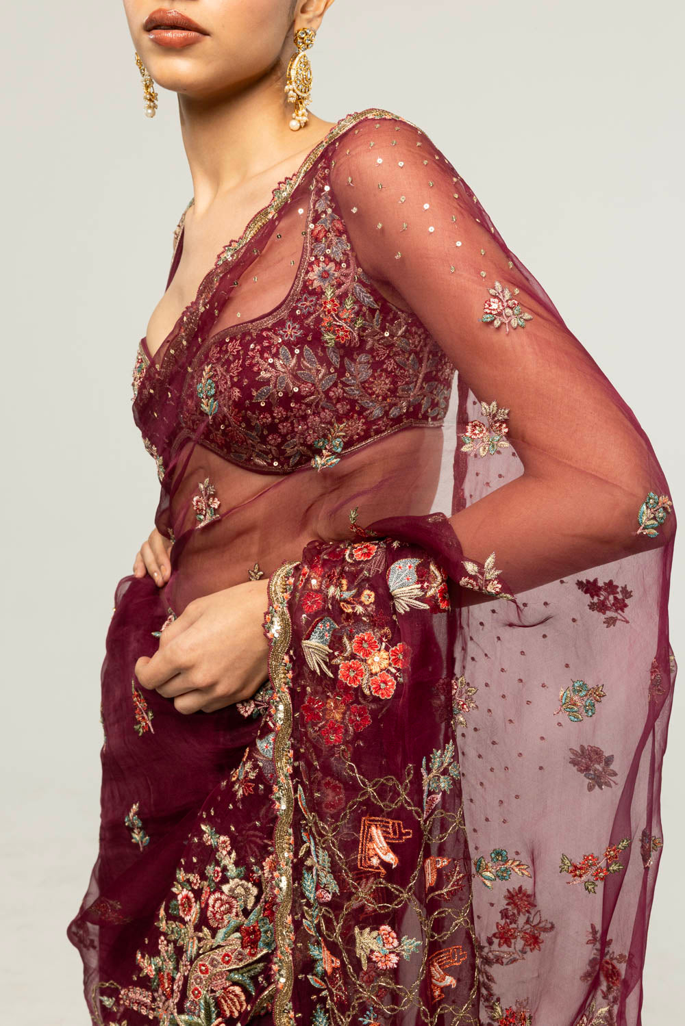 Chintz Hand-Embroidered Saree Set in Burgundy