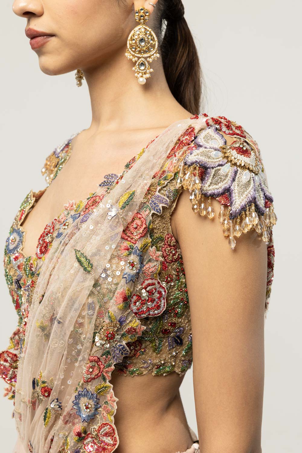 Anar Bel Hand-Embroidered Saree Set in Pink