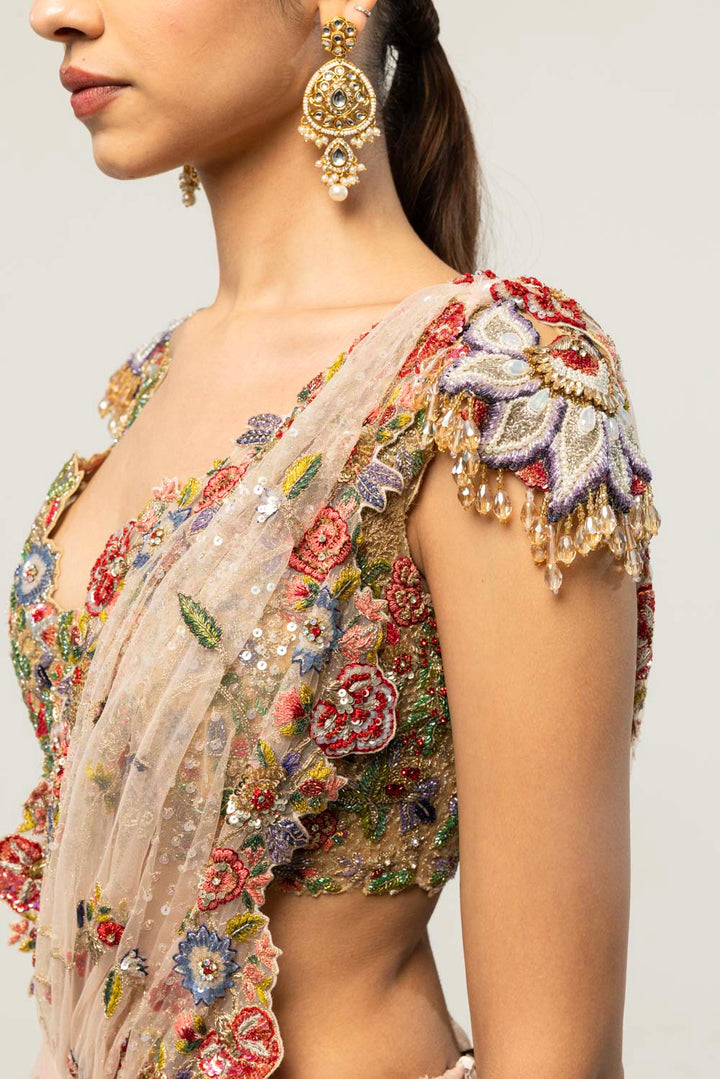 Anar Bel Hand-Embroidered Saree Set in Pink