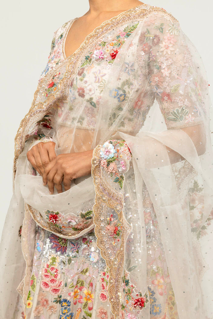 Himadri Hand-Embroidered Lehenga Set in Ivory