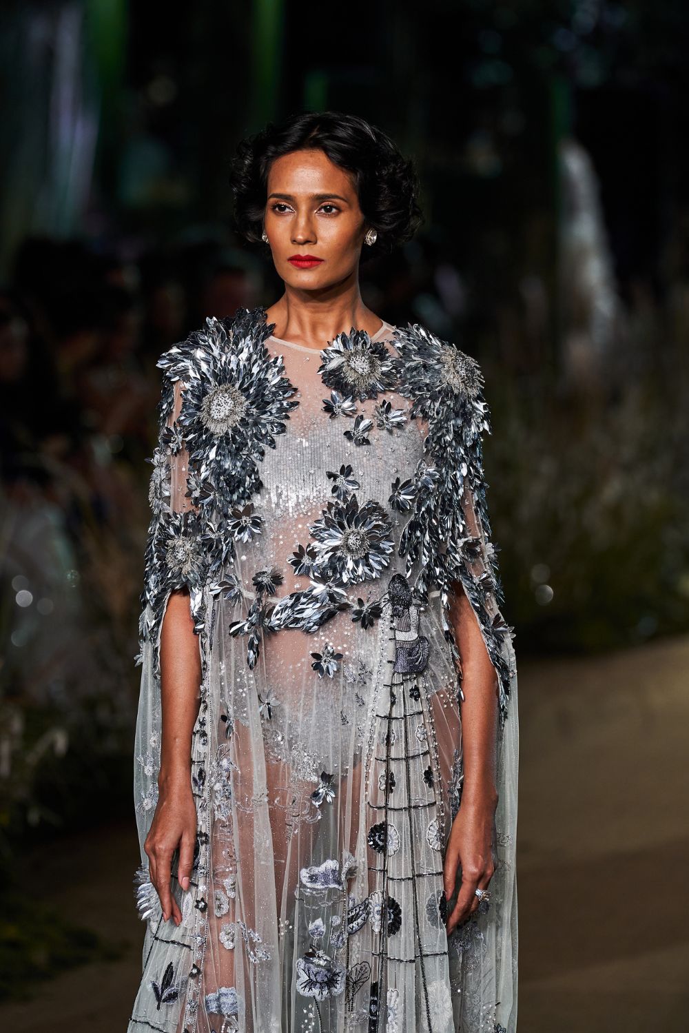 Padma Hand-Embroidered Gown with Classic Hand-Embroidered Leotard in Ivory and Silver