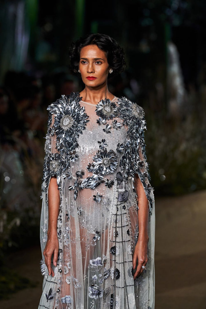 Padma Hand-Embroidered Gown with Classic Hand-Embroidered Leotard in Ivory and Silver