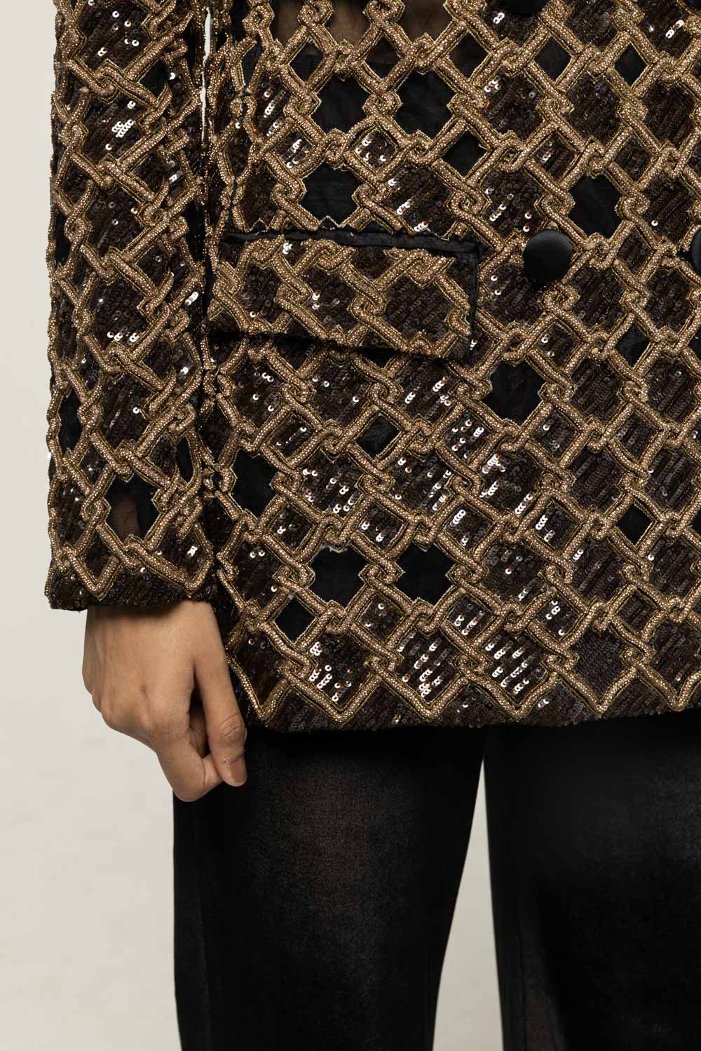 Lattice Hand-Embroidered Jacket in Black and Gold