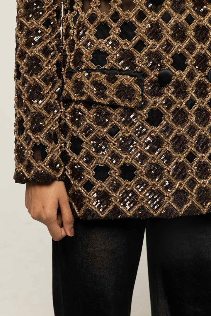 Lattice Hand-Embroidered Jacket in Black and Gold
