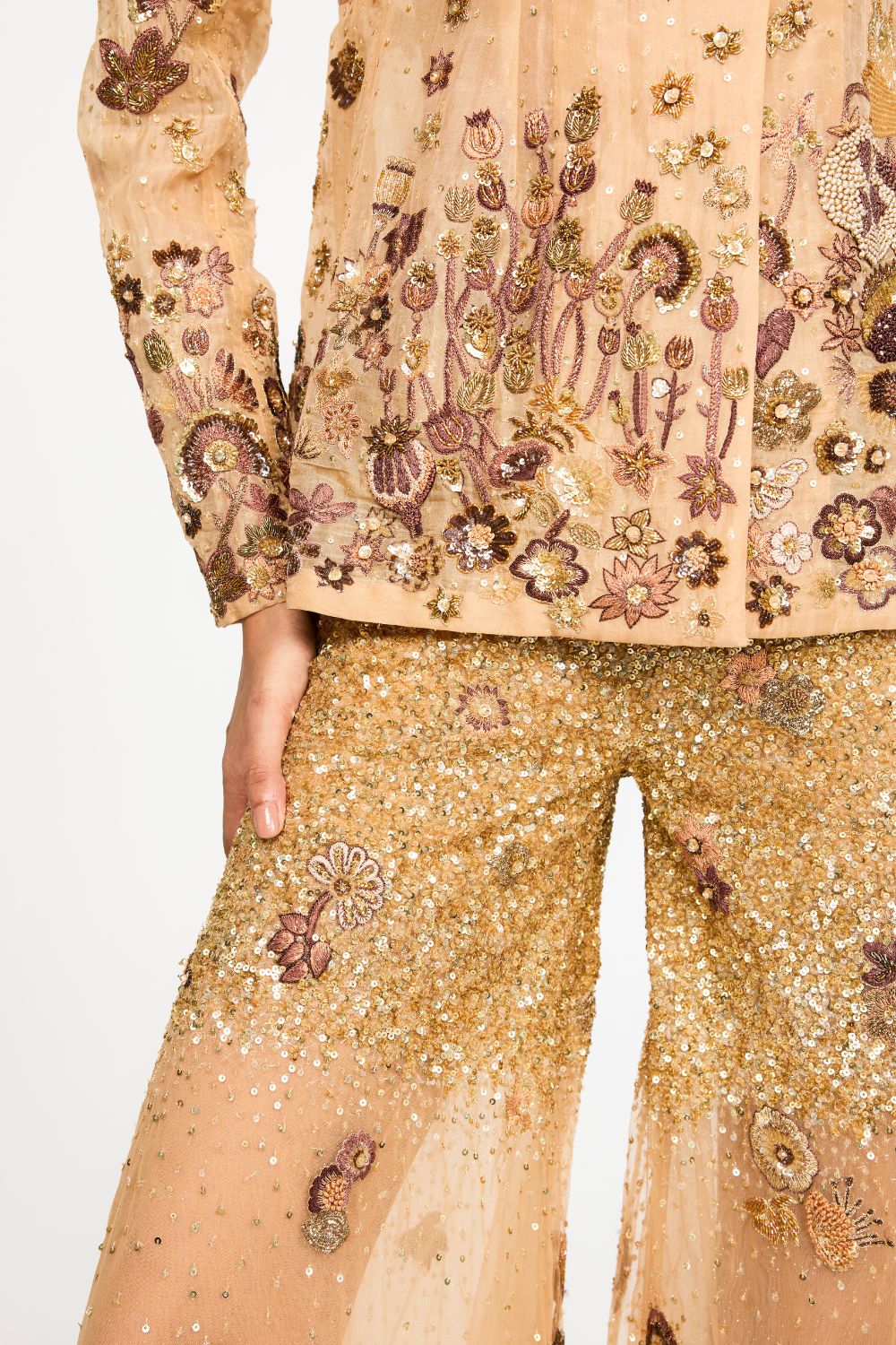 Garden Of Time Hand-Embroidered Jacket with Trousers in Nude and Bronze