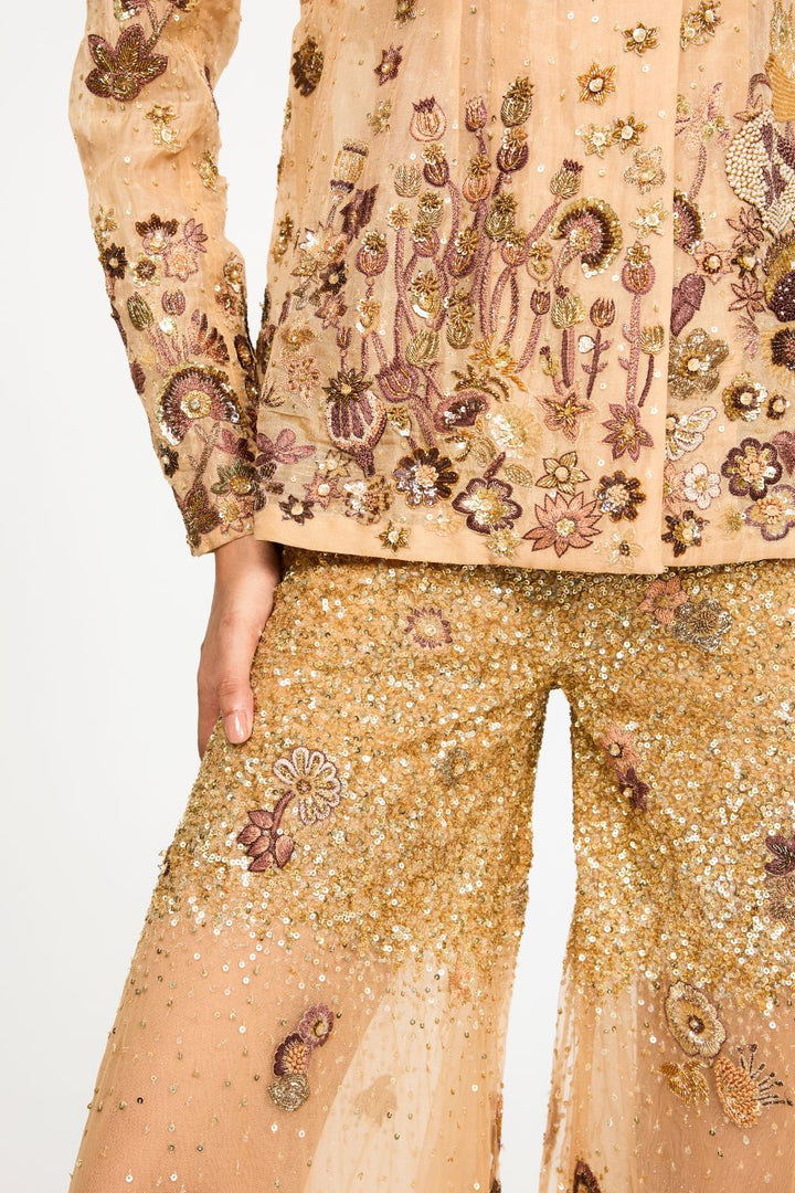 Garden Of Time Hand-Embroidered Jacket with Trousers in Nude and Bronze