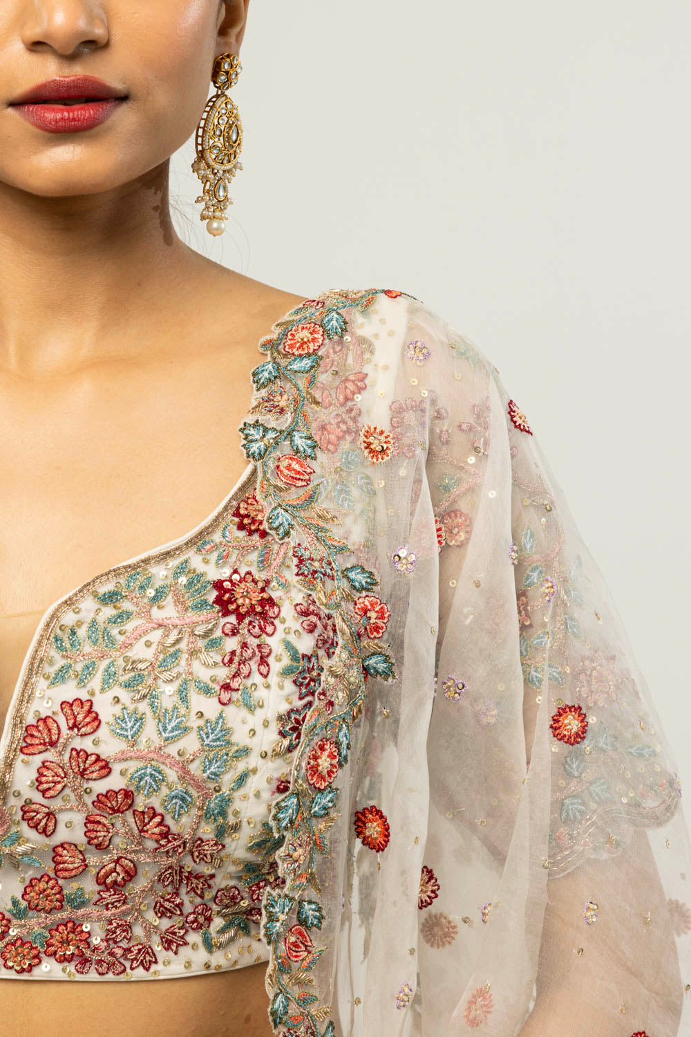 Chintz Hand-Embroidered Lehenga Set in Ivory