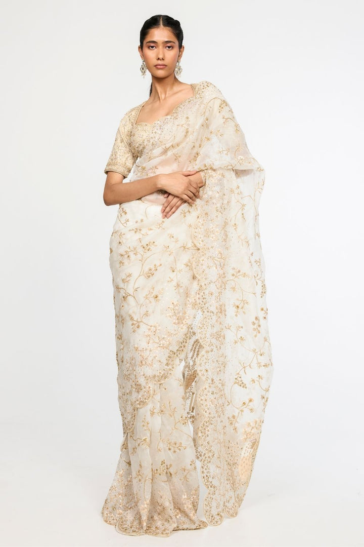 Jharokha Bel Hand Embroidered Silk-Crepe Saree