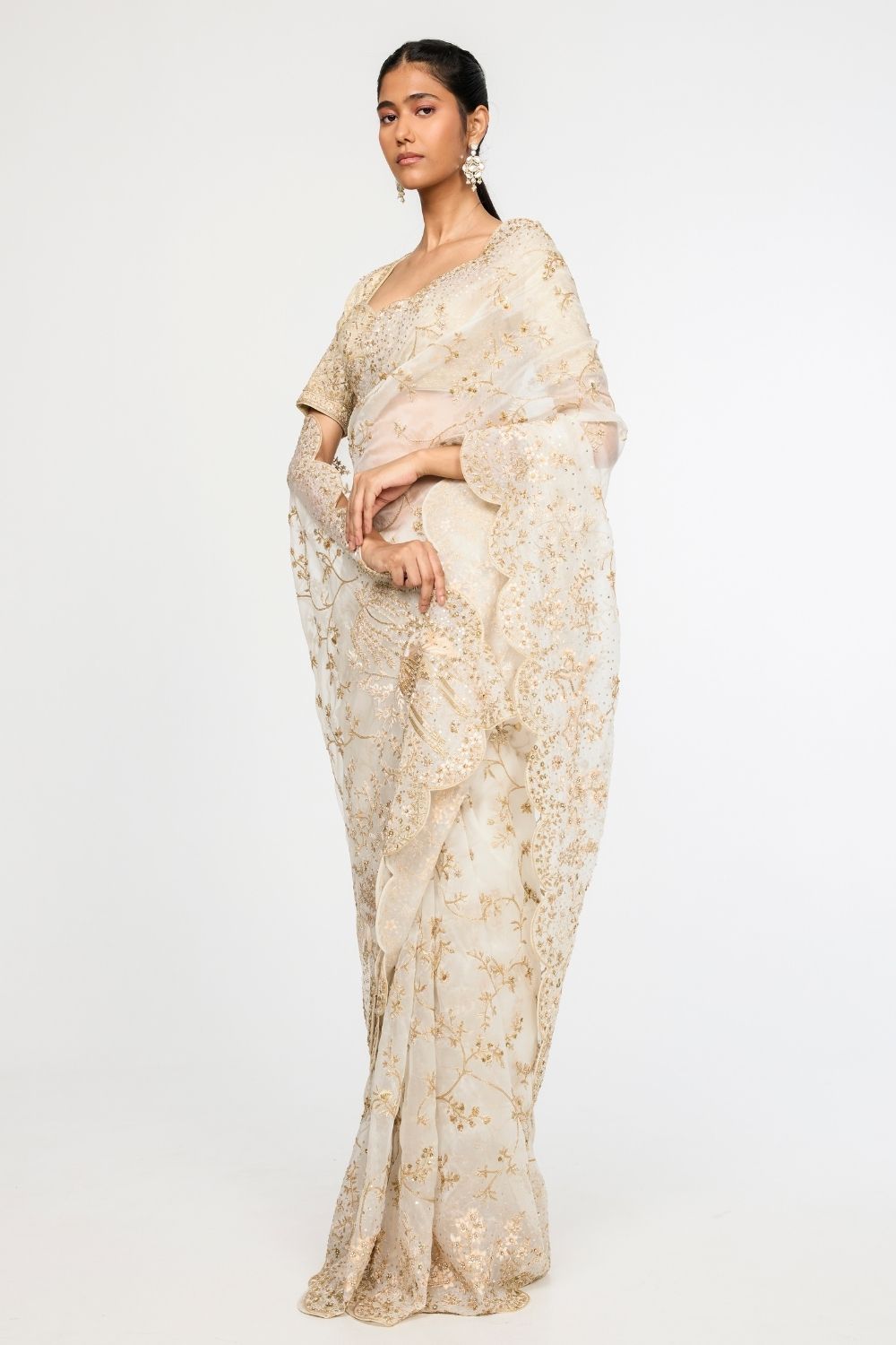 Jharokha Bel Hand Embroidered Silk-Crepe Saree