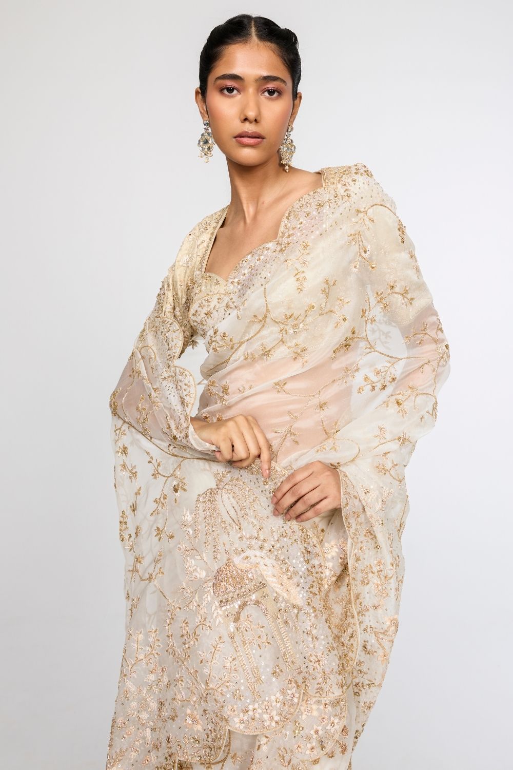 Jharokha Bel Hand Embroidered Silk-Crepe Saree