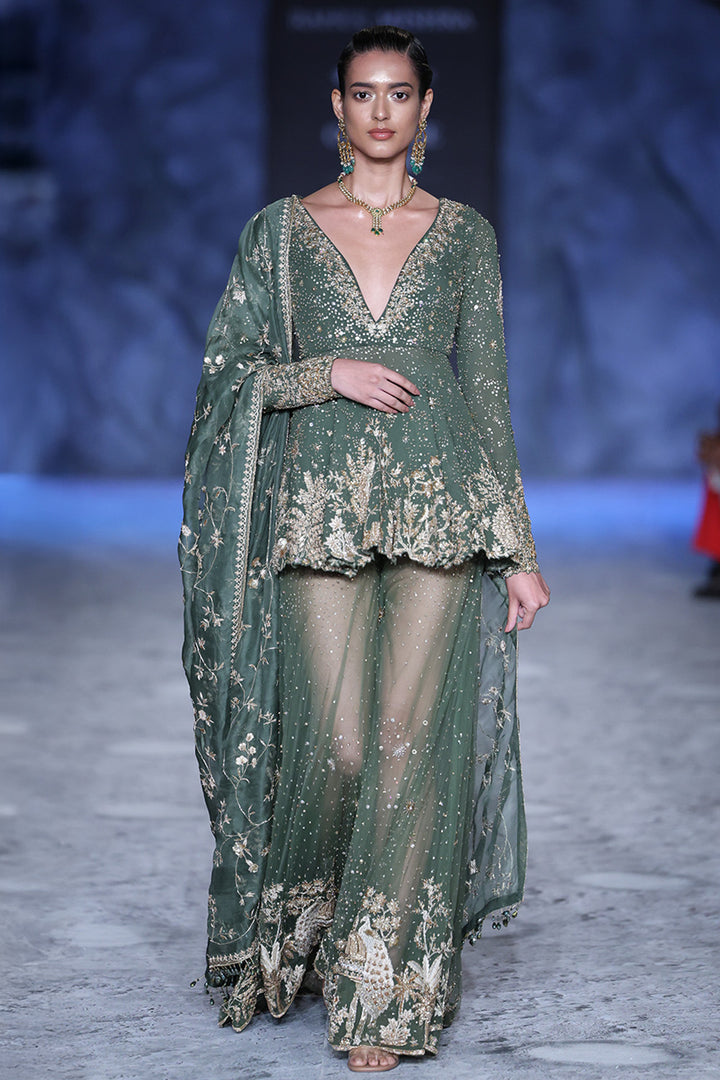 Chandni Hand-Embroidered Kurta and Trousers Set in Olive