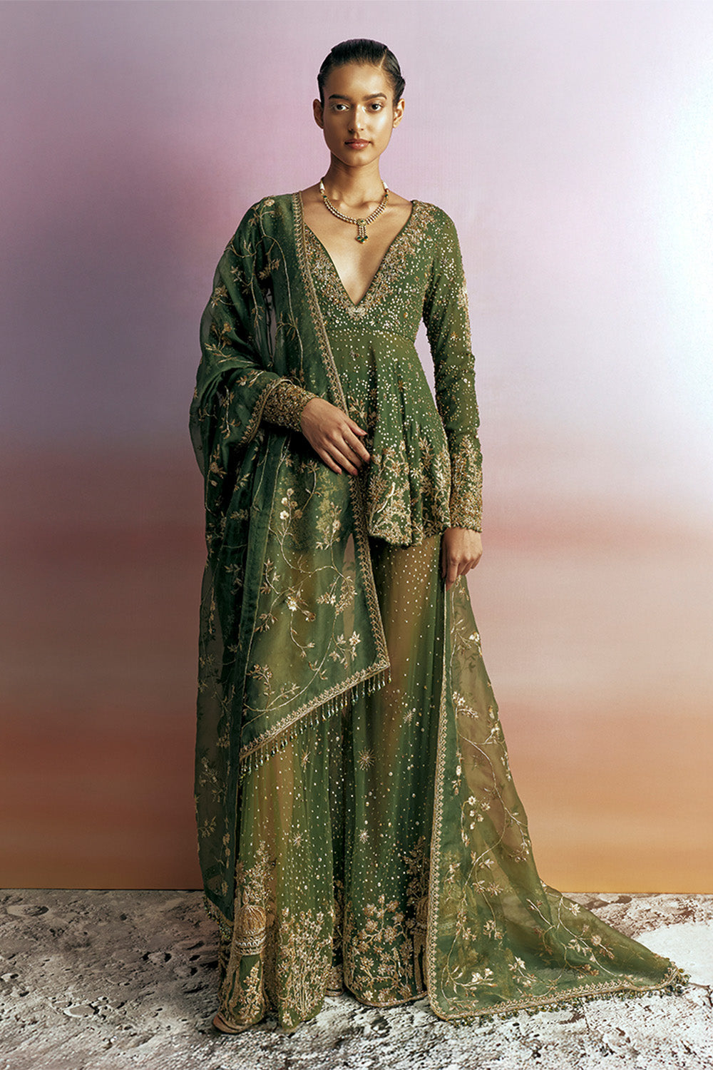 Chandni Hand-Embroidered Kurta and Trousers Set in Olive