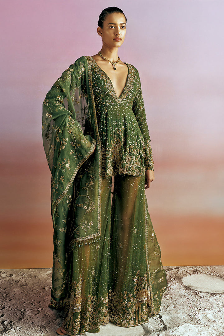 Chandni Hand-Embroidered Kurta and Trousers Set in Olive