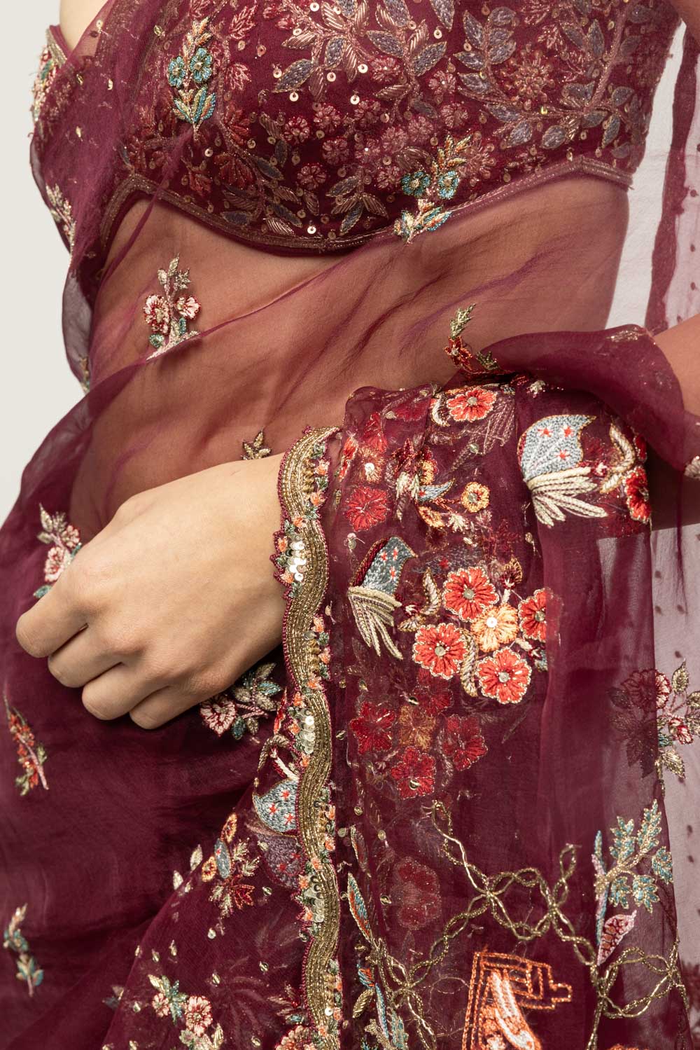 Chintz Hand-Embroidered Saree Set in Burgundy
