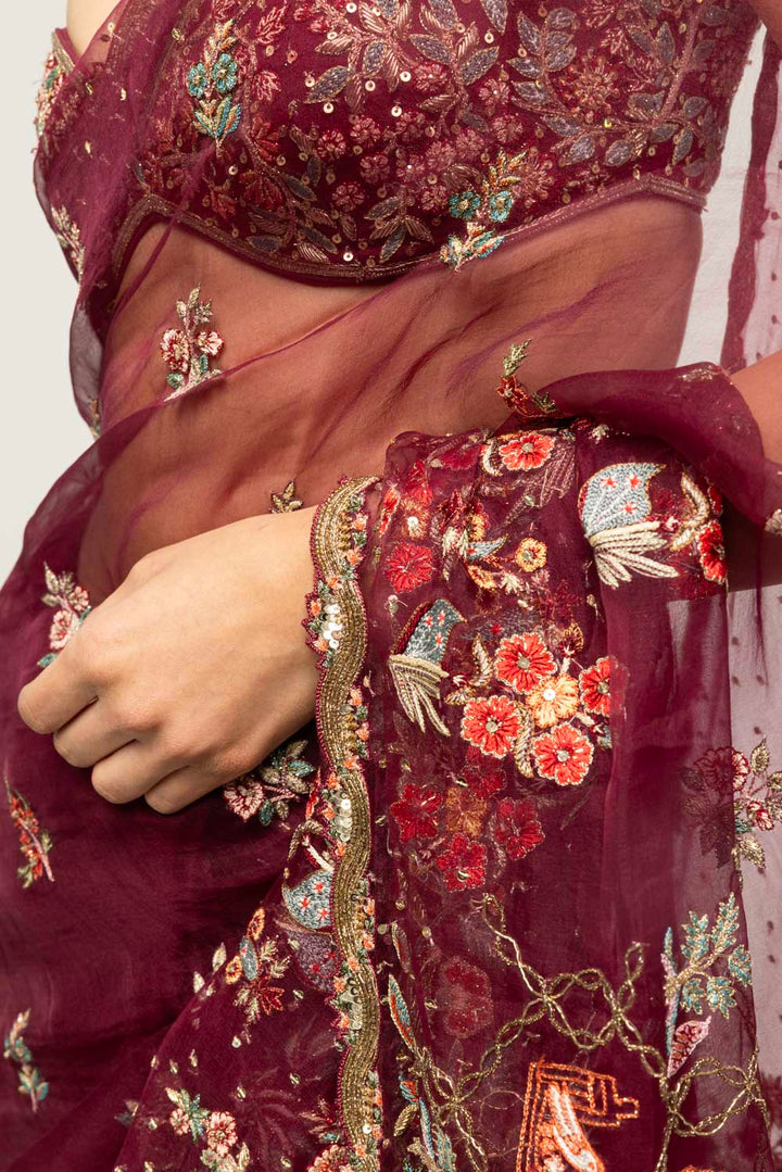 Chintz Hand-Embroidered Saree Set in Burgundy
