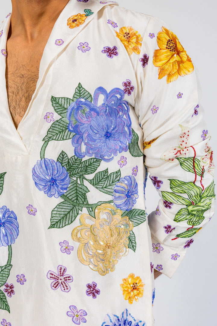 Valley Of Flowers Hand-Embroidered Shirt in Ivory