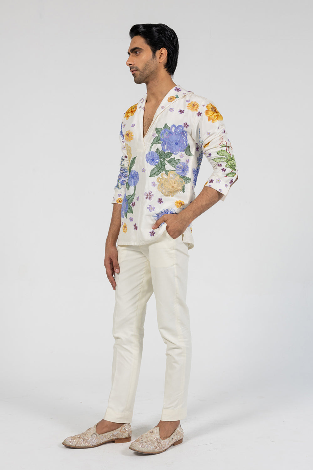 Valley Of Flowers Hand-Embroidered Shirt in Ivory