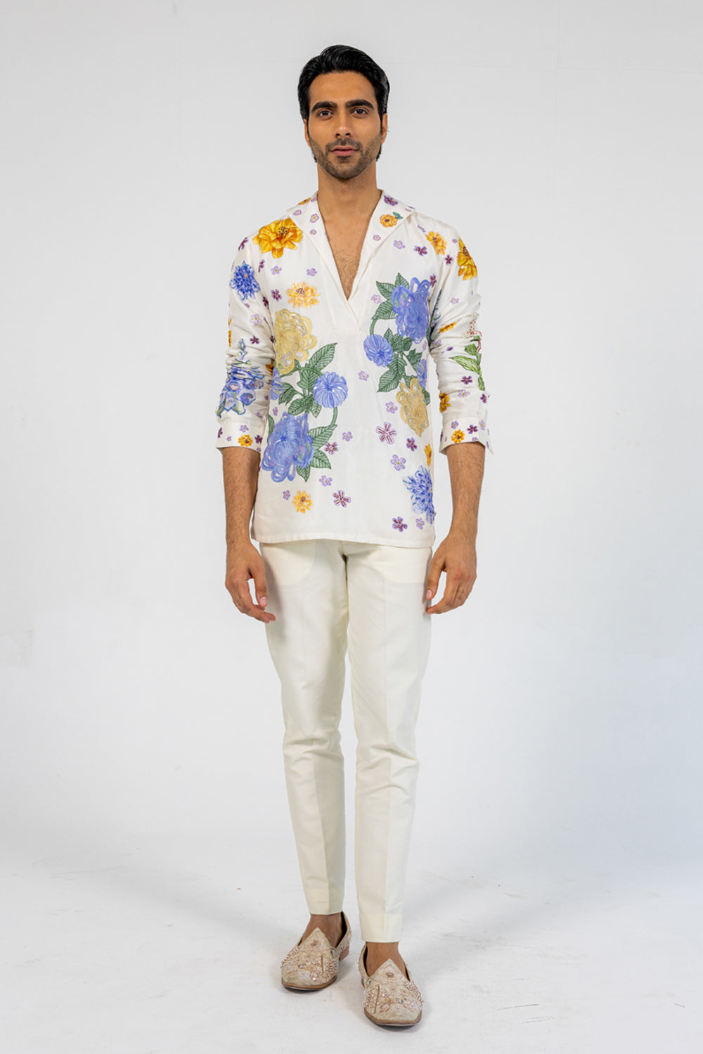 Valley Of Flowers Hand-Embroidered Shirt in Ivory