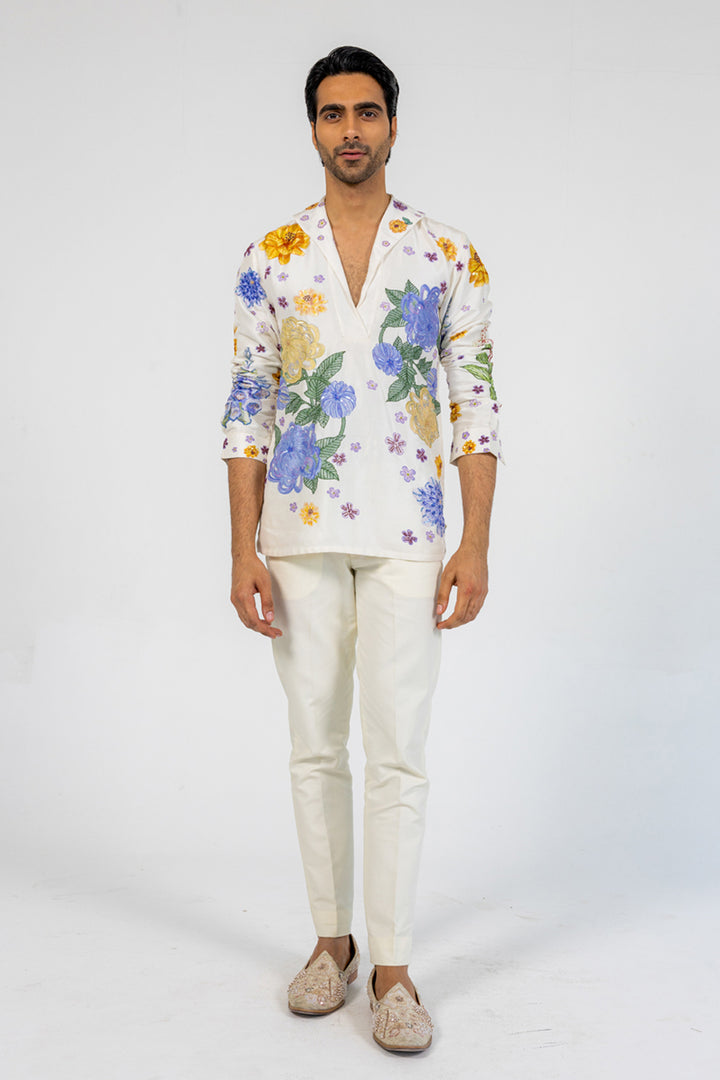 Valley Of Flowers Hand-Embroidered Shirt in Ivory