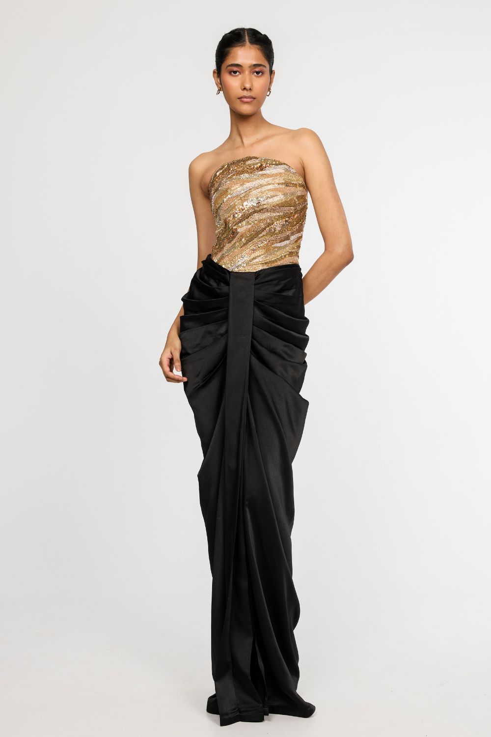 Surreal Space Gold Embroidered Corset &amp; Classic Black Draped Skirt