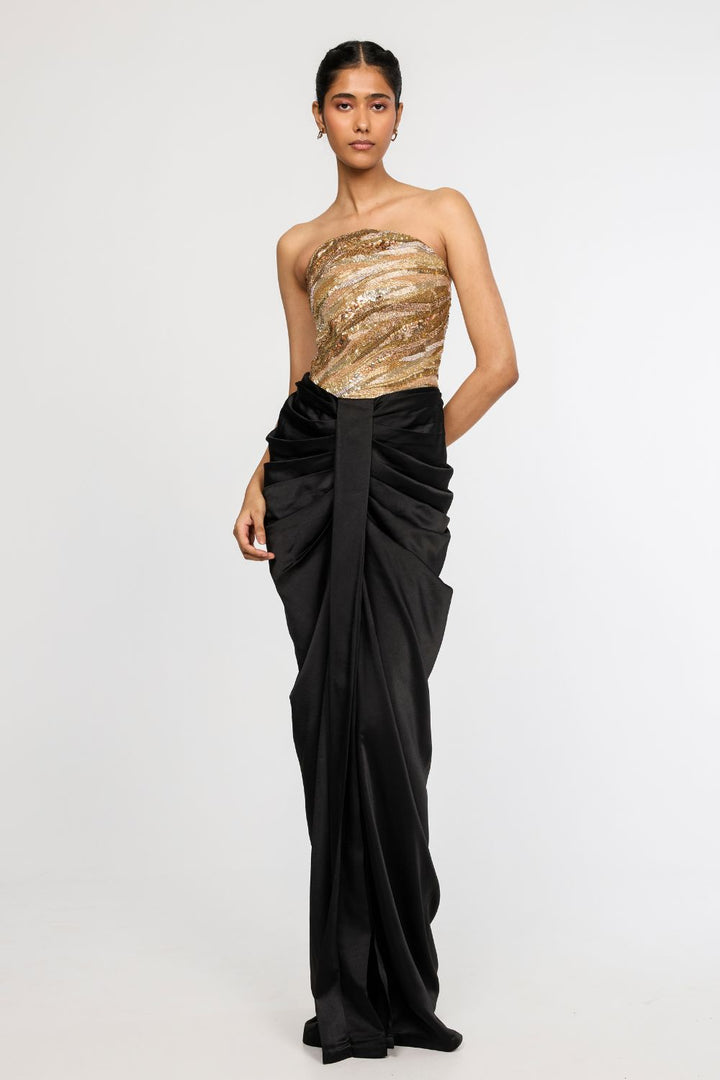 Surreal Space Gold Embroidered Corset &amp; Classic Black Draped Skirt