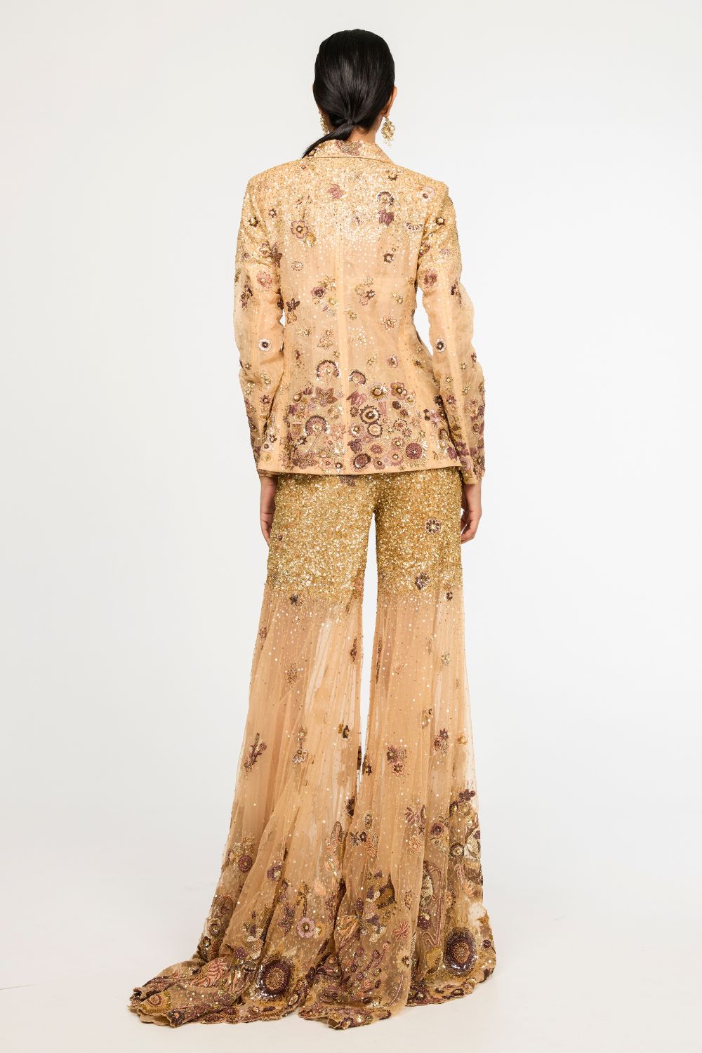 Garden Of Time Hand-Embroidered Jacket with Trousers in Nude and Bronze
