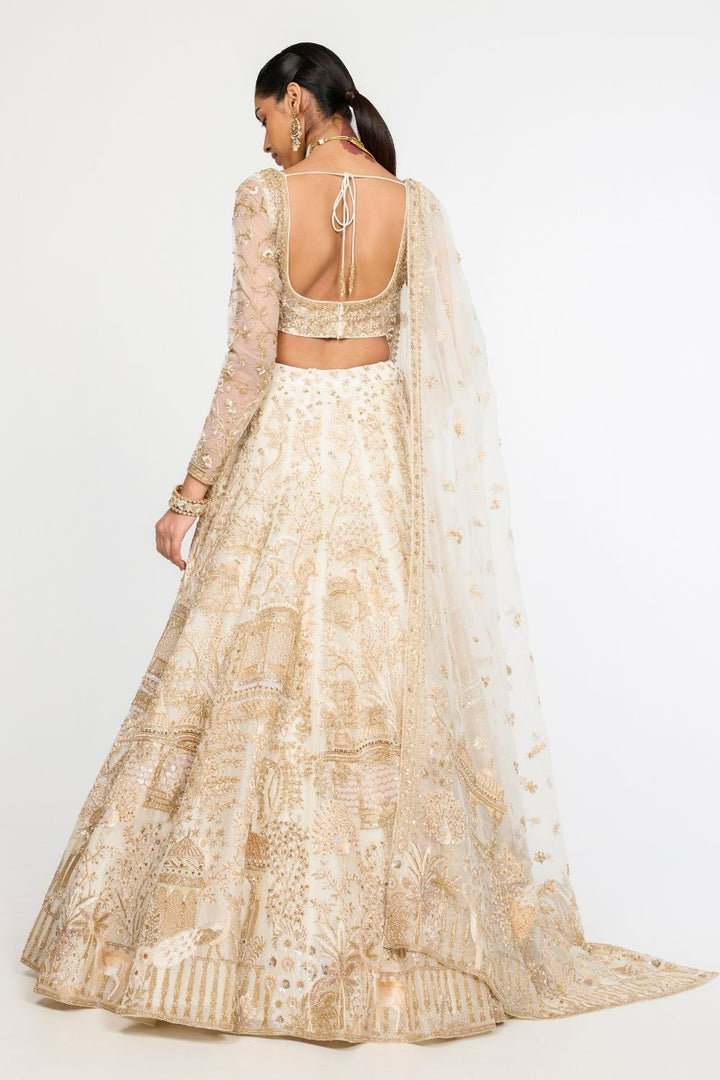 Jharokha Hand-Embroidered Lehenga Set with Blouse, Dupatta and Veil in Ivory