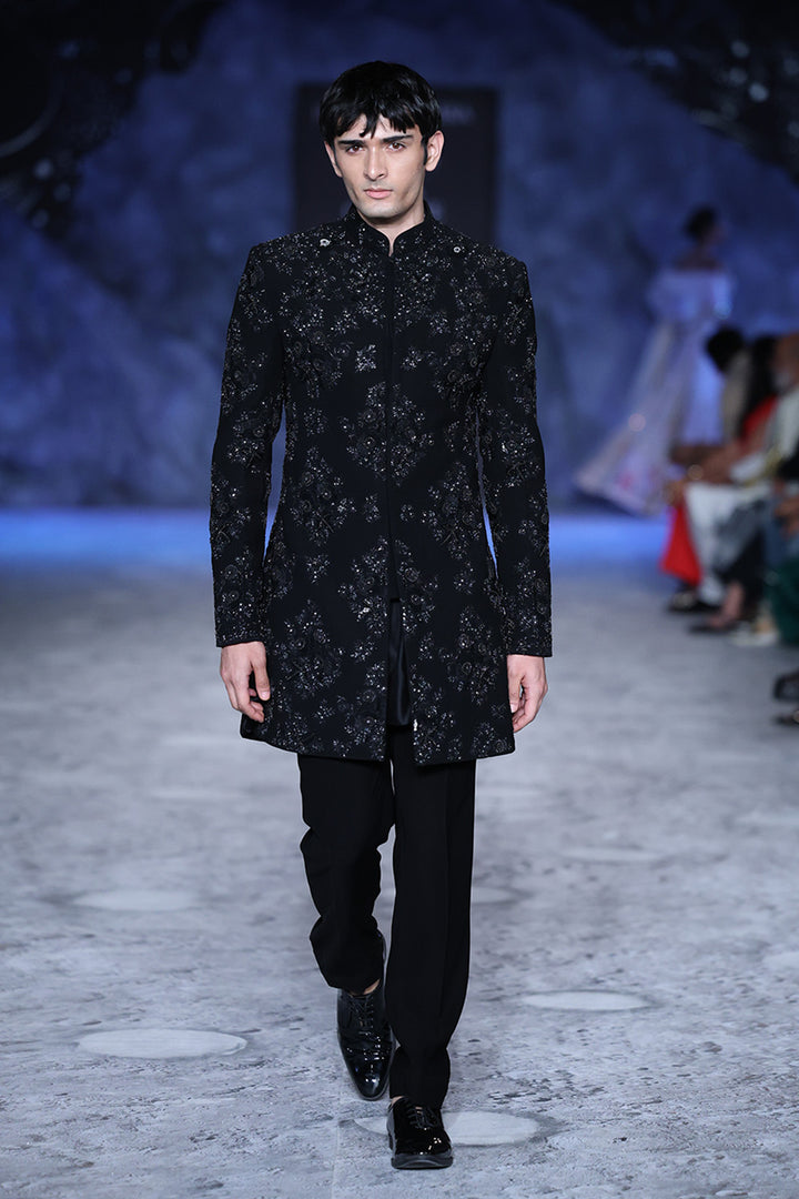 Himadri Tonal Hand-Embroidered Sherwani in Black