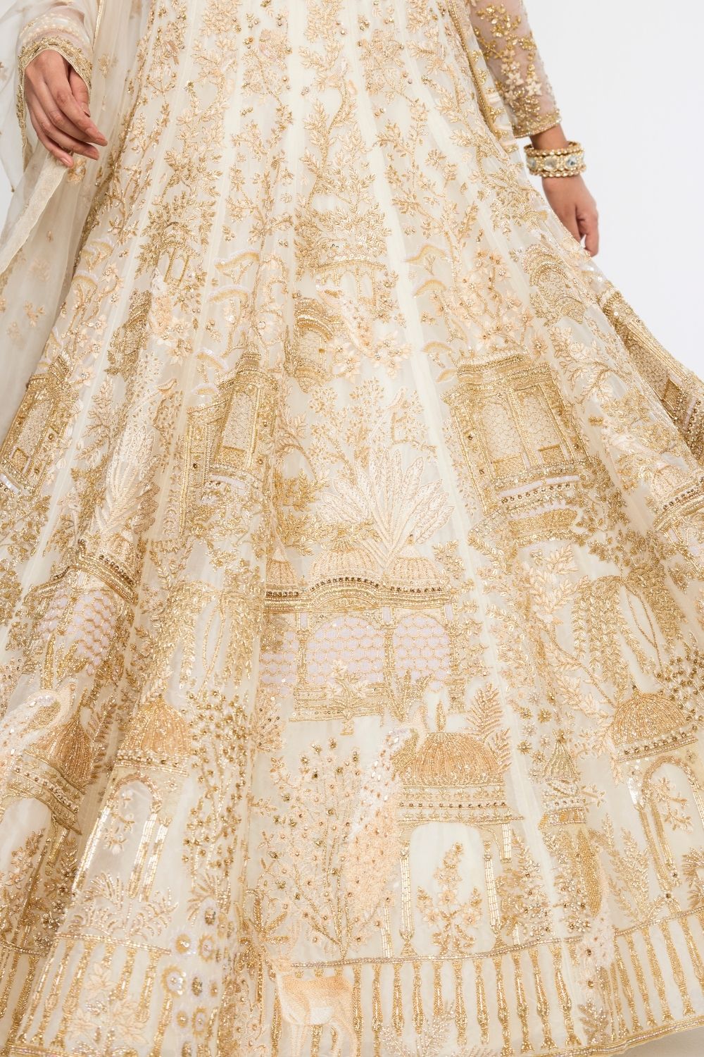 Jharokha Hand-Embroidered Lehenga Set with Blouse, Dupatta and Veil in Ivory