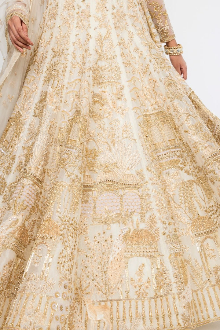 Jharokha Hand-Embroidered Lehenga Set with Blouse, Dupatta and Veil in Ivory