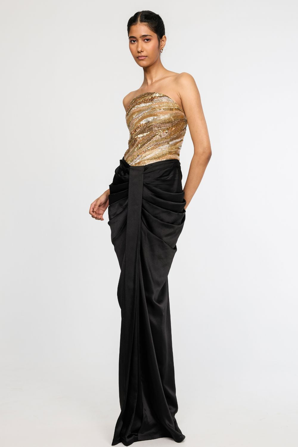 Surreal Space Gold Embroidered Corset &amp; Classic Black Draped Skirt