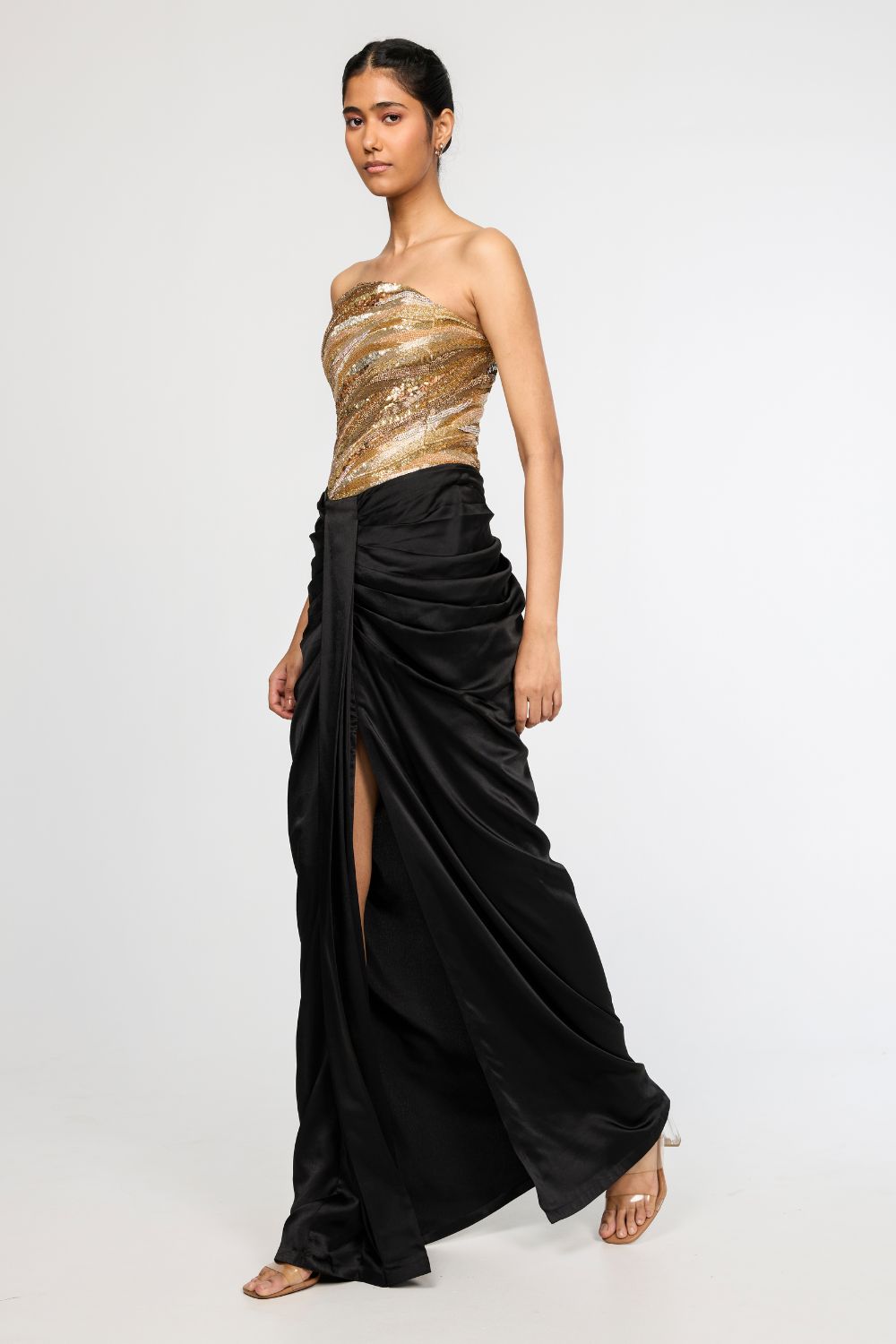 Surreal Space Gold Embroidered Corset &amp; Classic Black Draped Skirt