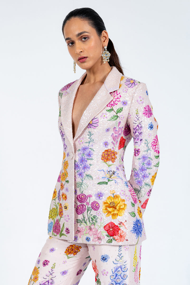 Valley Of Flowers Hand-Embroidered Jacket with Trousers in Pink