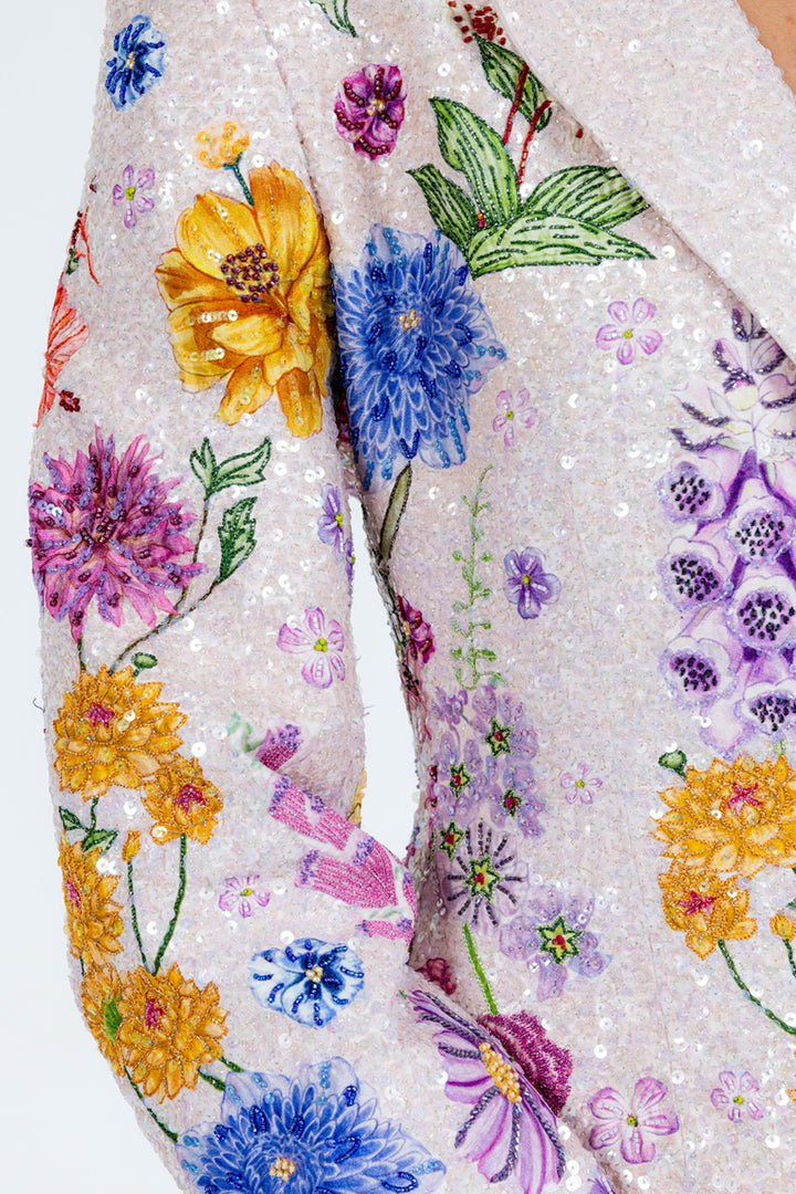 Valley Of Flowers Hand-Embroidered Jacket with Trousers in Pink