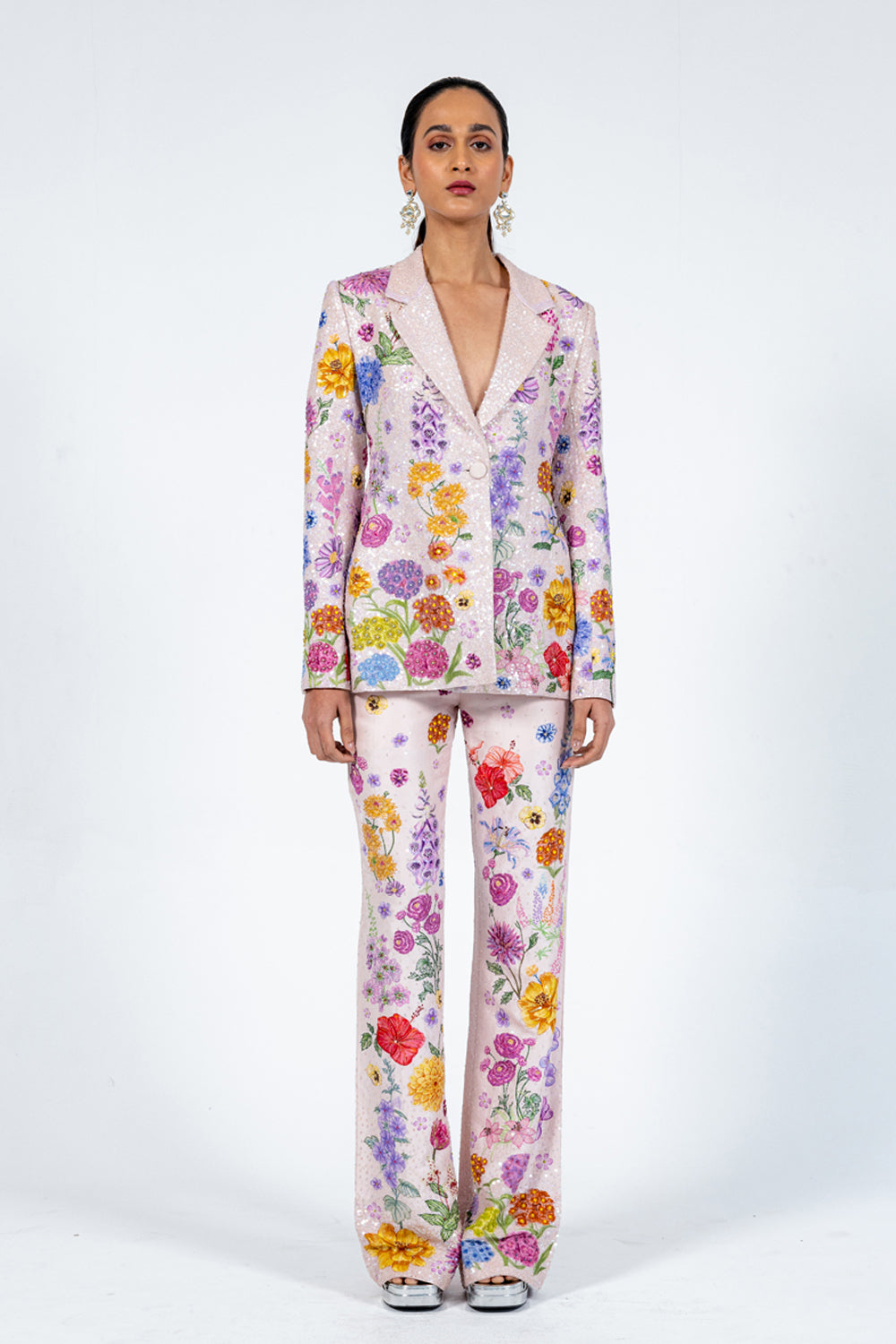 Valley Of Flowers Hand-Embroidered Jacket with Trousers in Pink