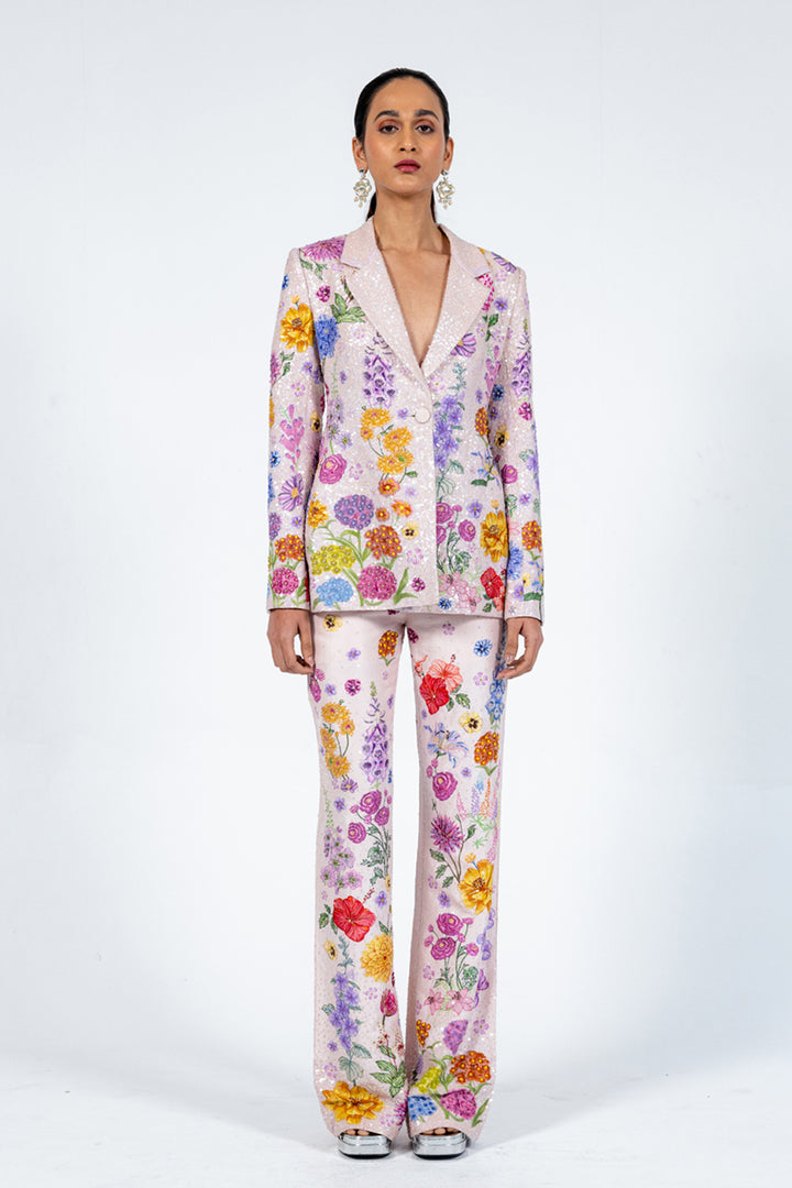 Valley Of Flowers Hand-Embroidered Jacket with Trousers in Pink