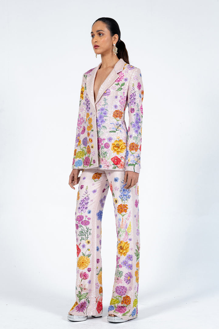 Valley Of Flowers Hand-Embroidered Jacket with Trousers in Pink