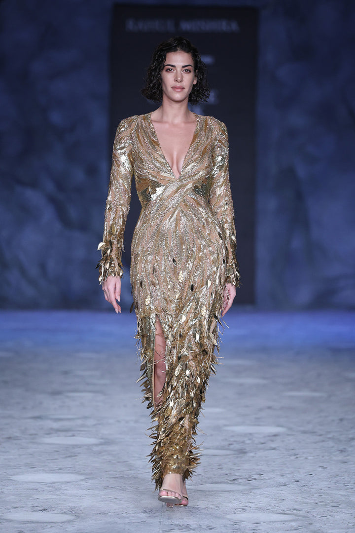 Surreal Space Gold Hand-Embroidered Gown in Nude