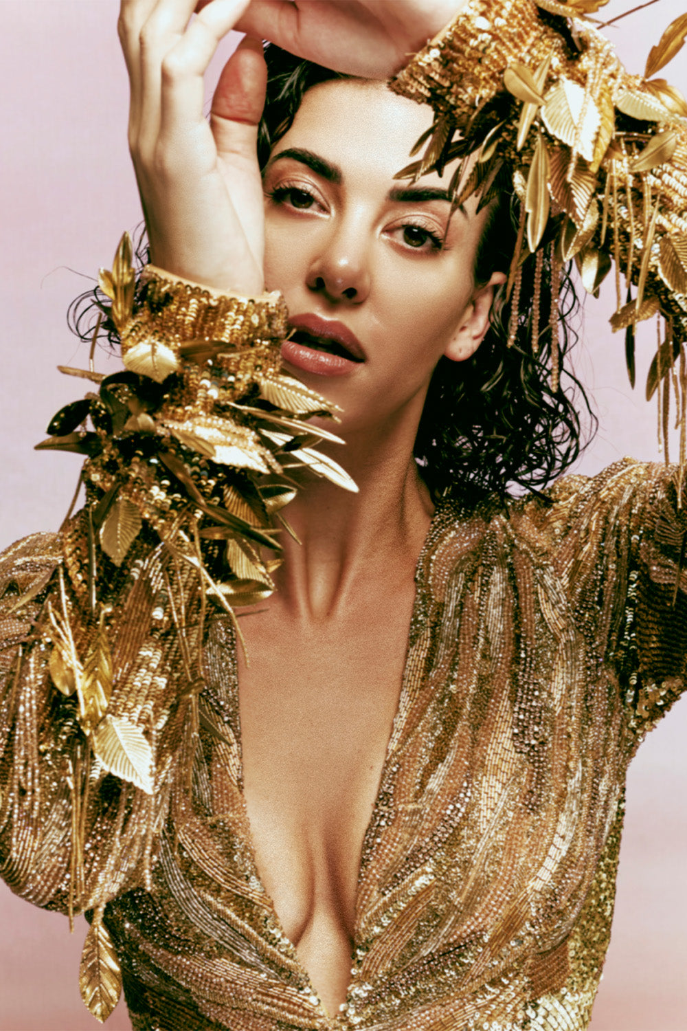 Surreal Space Gold Hand-Embroidered Gown in Nude