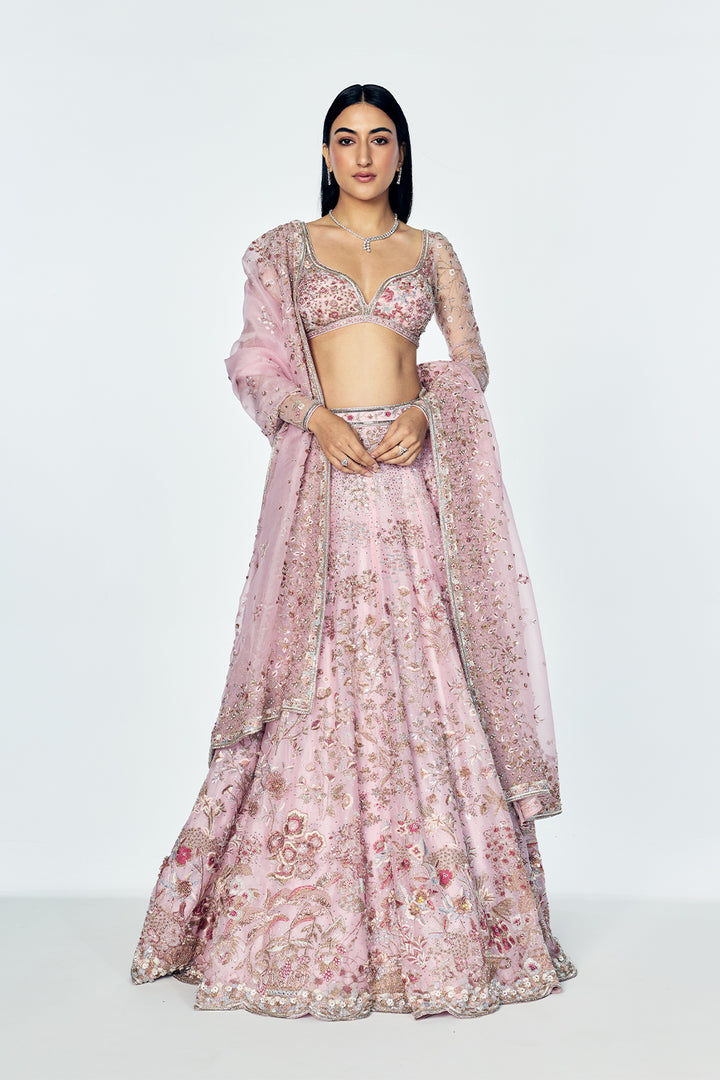 Silk Organza And Soft Tulle Lehenga Set With Zenith Zardosi Embroidery in Rosette