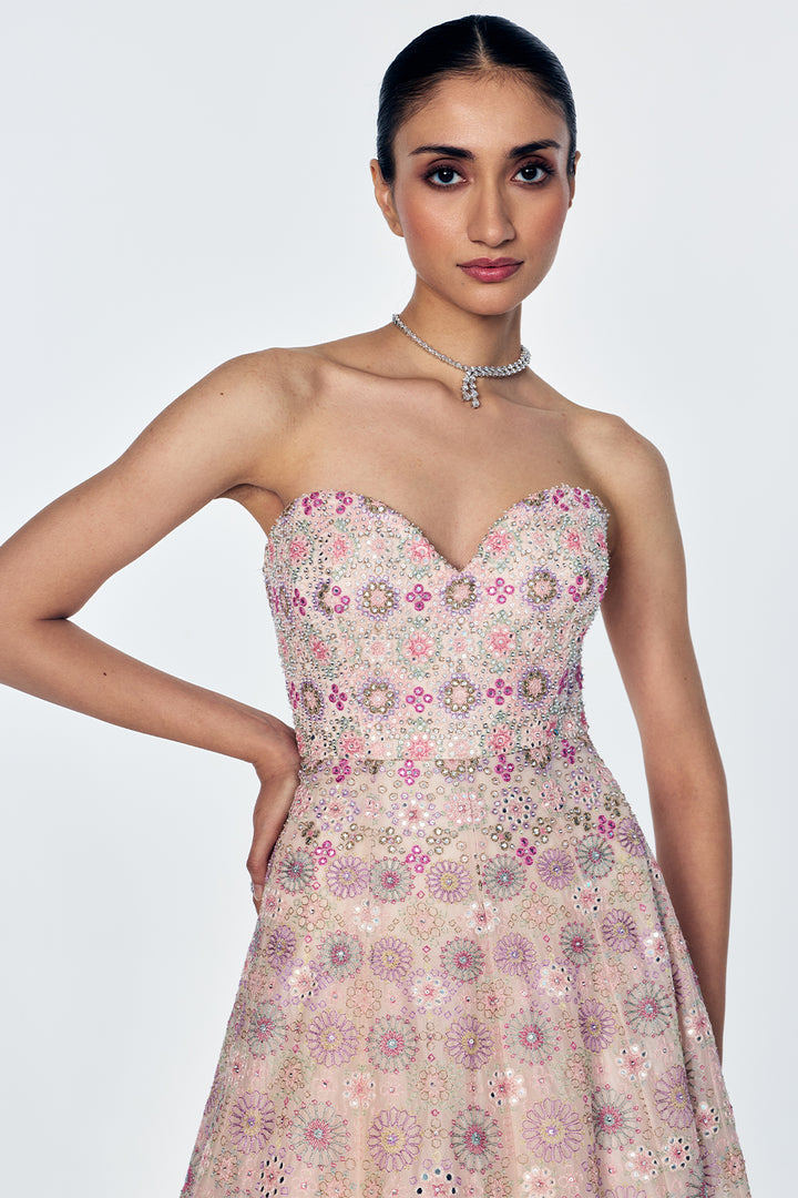 Organza Gown With Mirrorwork And Bougainvillea Embroidery In Lily Pink