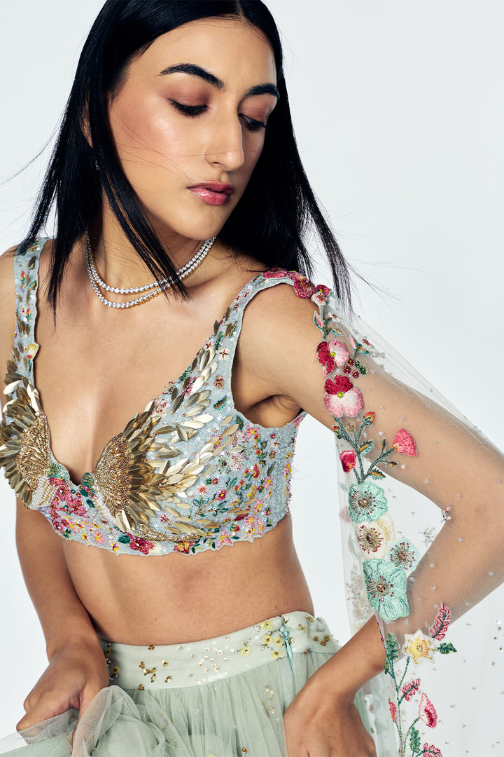 Zenith Skirt Set With Botanical Embroidery In Mint