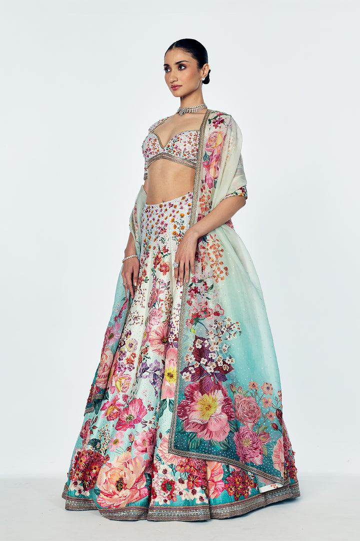 Raw Silk And Organza Lehenga Set With Bouquet Embroidery In Teal